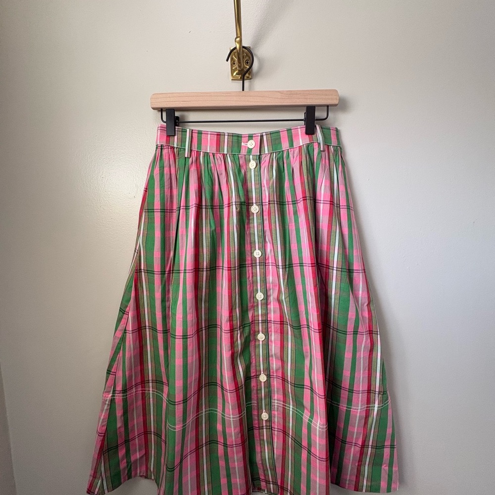 J. Crew Pink and Green Plaid A-Line Midi Skirt Size 4
